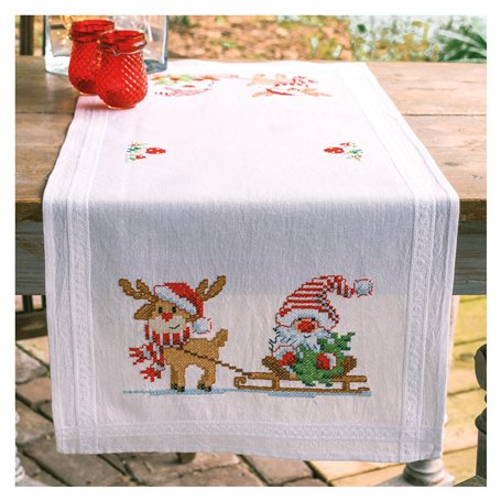 VERVACO Kit Point De Croix Pré-Imprimé Chemin De Table GNOME ET RENNE Broderie Kit Complet Adulte Loisir Créatif Maison Decorati