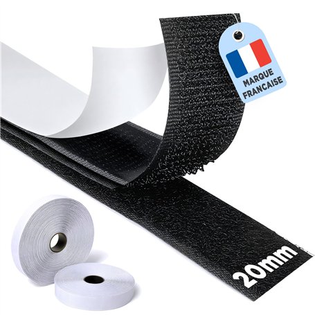 Scratch Autocollant Double Face-8Mx20mm-Adhésif Puissant-2 Rouleaux (8M Crochet + 8M Boucle)-Ruban Autocollant tissu-Double Face