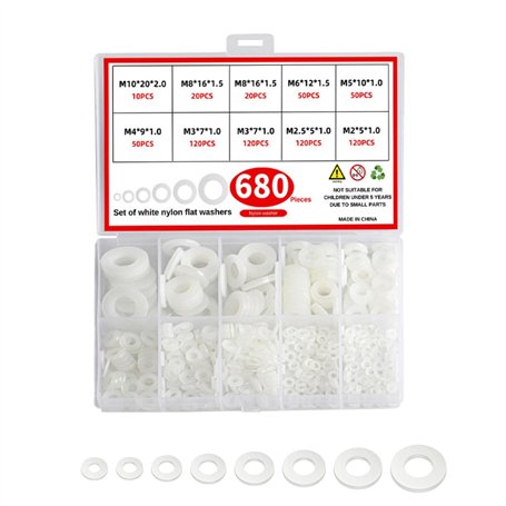 Lot de 680 rondelles en plastique M2 M10 - Blanches - Rondelles d'écartement en nylon - 10 tailles - Rondelles d'étanchéité plat