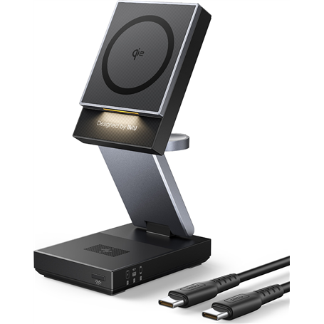 Station de charge 5-7.5-15W Qi Stand 3 zones pliable Smartphone + Truewireless + Apple Watch + Câble de charge USB C/C Noire Ini