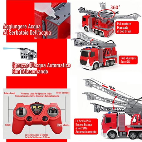 Camion Pompieri Telecomandato 1:24 LioMaxi, Con Scala Estensibile, Pompa Spruzzatrice D'Acqua E Luci, 7 Canali, 2 Batterie Ricaricabili, Per Bambini 3+