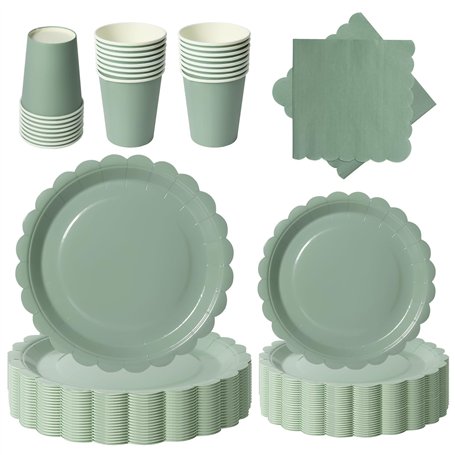 PYAILI Anniversaire Vaisselle de fete 96 Pièces Vert Party Assiettes en Papier Set Assiettes de Fête Papier Tasses Serviettesr