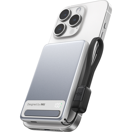 Powerbank sans fil Magnétique MagSafe MagPro Slim 5000mAh 1 port USB C 15W Qi Stand + Câble attaché Noir Iniu