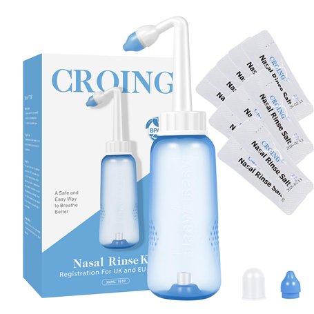CROING - 300ml Bouteille + 120 Sachets Sel Nasal - Kit Lavage de Nez-Sinus Rinse Kit/Kit de Rinçage des Sinus/Lavage Nez-Irrigat