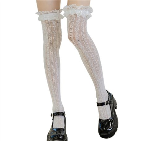ZZALLL Résille Cuisse Haute Chaussettes Coeur Rayé Dentelle À Volants sur Genou Bas - Blanc