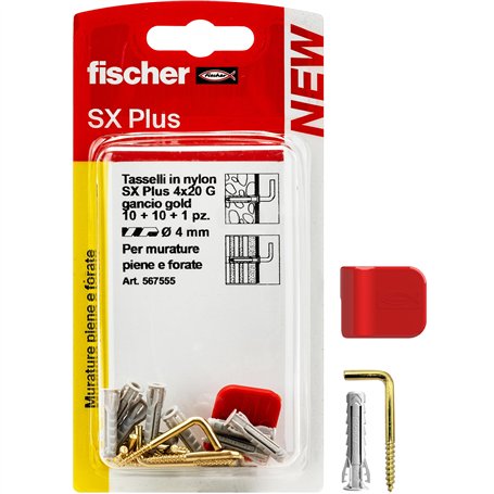 Fischer 5675555 Lot de 10 crochets carrés en laiton avec chevilles 4 mm et clip de fixation