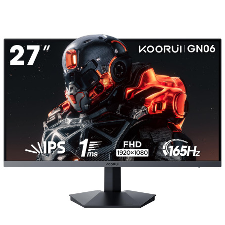 KOORUI Gaming Ercan PC 27 Pouces, PC Moniteur 165Hz, FHD (1920×1080), IPS, 1ms GTG, Adaptive Sync, Compatible VESA 75 * 75mm, DC
