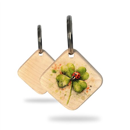 Rienco - Porte-clés trèfle à quatre feuilles avec coccinelle porte-bonheur - Pendentif en bois d'érable artisanal - Cadeau porte