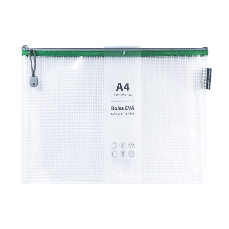 Grafoplás Sac avec fermeture éclair EVA A4 | Fabriqué en caoutchouc EVA transparent avec fermeture éclair de couleur verte | Par