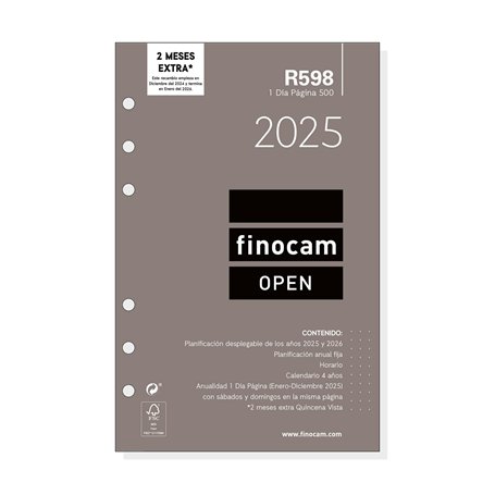 Finocam Recharge annuelle Open 2025 1 jour par page janvier 2025 à décembre 2025 (12 mois) espagnol