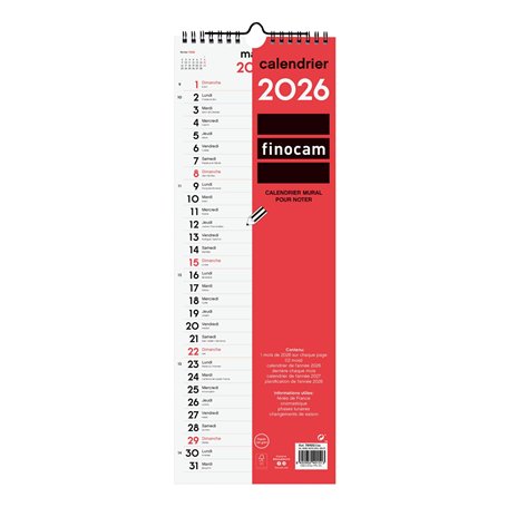Finocam – Calendrier mural 2026 1 Mois par page Janvier – Décembre 2026 (12 mois) | Calendrier 2026 pour noter | Planificateur m