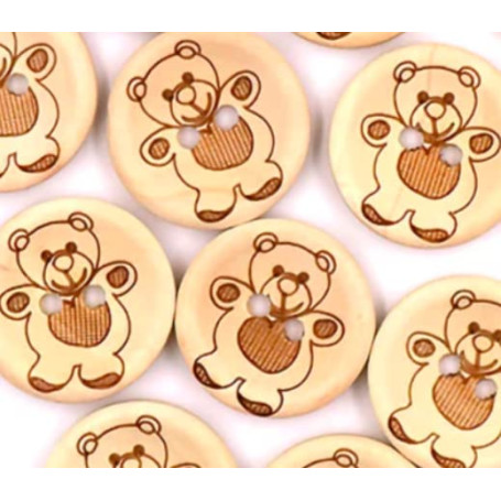 Lot de 12 magnifiques boutons ronds en bois naturel avec impression en peluche - 15 mm - 2 trous à coudre - Pour bricolage