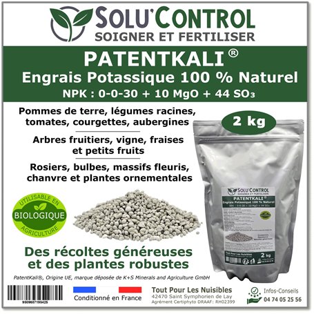 2 kg de PatentKali® SOLU’CONTROL – Engrais Potassique 100% Naturel – NPK 0-0-30 + Magnésium (MgO 10%) et Soufre (SO₃ 44%) – Plan