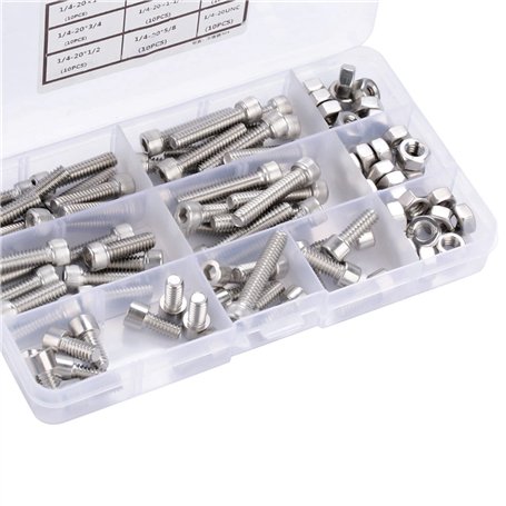 Jeanoko 90 pcs UNC en Acier Inoxydable Vis À Tête Hexagonale À Tête Creuse Boulons Et Écrous Précis Assortiment Kit 1/4-20 | Plu