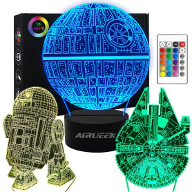 Lampe 3D Star Wars, 3 motifs, 1 socle, 1 télécommande, Motif Star Wars R2-D2, Étoile de la mort, Faucon Millenium, Avec télécomm