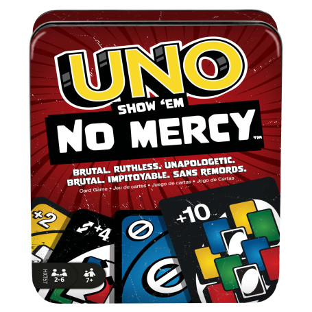 Mattel Games UNO No Mercy Jeu de cartes dans sa boîte de transport et de voyage, pour des soirées jeux en famille, avec des règl