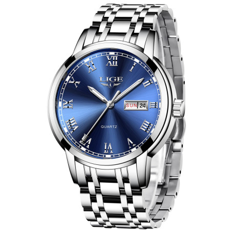 LIGE Montre Homme Quartz Analogique Bracelet Acier Inoxydable Étanche