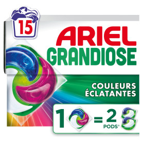 Ariel Grandiose PODS, Lessive Liquide En Capsules 15 Lavages, Couleurs Éclatantes 2 X Action Détachante et Anti-Odeur
