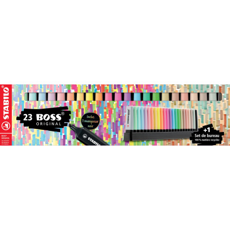 STABILO BOSS ORIGINAL - Surligneur - Set de bureau x 23 Surligneurs - 8 fluo + 8 pastel + 6 couleurs nature + 1 marqueur noir