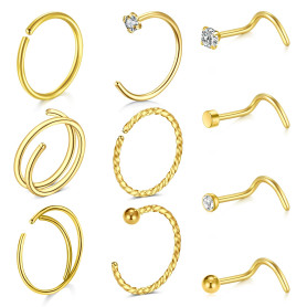 LAURITAMI 20G piercing nez anneaux Mince, Spirale Acier Chirurgical pour piercing nez Fiche Double Anneaux Or Argent Set, Fiche 