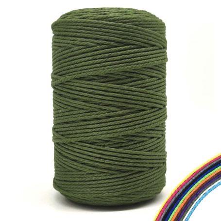 FORBELL Fil de coton pour macramé - 3 mm x 300 m - Fil de coton de qualité supérieure - Pour bricolage, artisanat (vert armée, 3