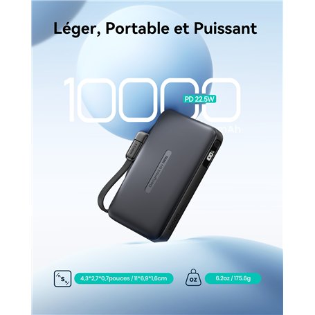 Powerbank Pocket Neo 10000mAh 3 ports USB A+2C 22.5W PD/QC Câble dragonne Noir Iniu