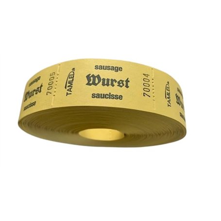 TAMLED Rouleau de tickets en forme de saucisse jaune trilingue - 1 rouleau avec 1000 démolitions perforées numérotées en continu