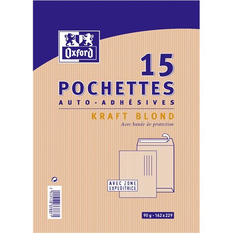 Oxford 100105175 Enveloppe auto-adhésive 162x229 90Gx15 Kraft blond