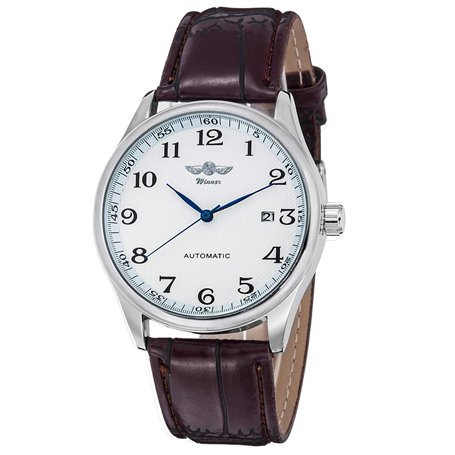 Gute Classic Winner Montre mécanique pour homme avec cadran blanc et aiguilles bleues - Bracelet en polyuréthane - Remontage aut