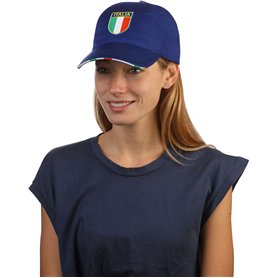 Casquette 6 panneaux à bord retourné, avec écusson Italie, visière rigide précourbée et fermeture velcro réglable Casquette 6 panneaux à bord retourné