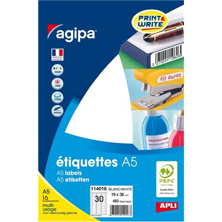 AGIPA Lot de 3 Etuis de 480 étiquettes multi-usage permanentes 19x38 mm sur 16 feuilles A5 Blanc