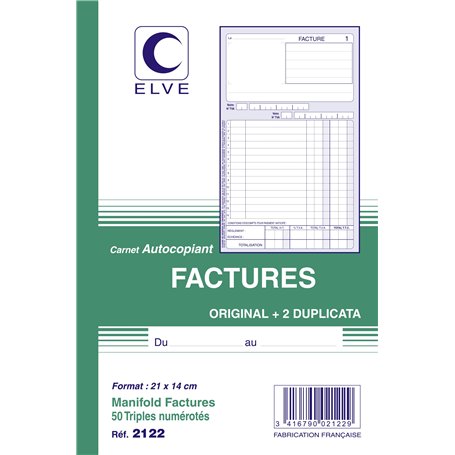 ELVE 22389 Manifold Autocopiant 140x 210mm Foliotage 50 Triplis Imprimés Factures Assorties