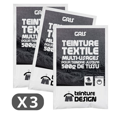 Lot de 3 sachets de Teinture Textile - GRIS - teintures universelles pour vêtements et tissus naturels