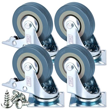 Lot de 4 roulettes pivotantes résistantes en caoutchouc avec frein 50 mm 200 kg + ajusteur gratuit
