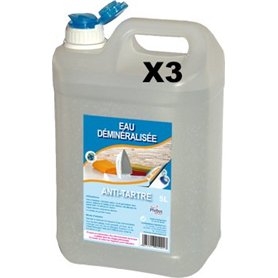 Lot de 3 bidons de 5 litres d'eau déminéralisée à 100%, bidon bec verseur robuste et recyclable, idéale pour Appareils Ménagers  Lot de 3 bidons de 5 litres d'eau déminéralisée à 100%