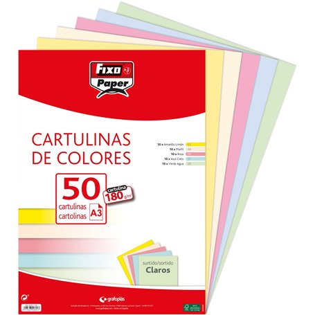 Fixo Paper 00001793 Lot de 50 feuilles de papier cartonné coloré A3 Assortiment de couleurs claires 180 g