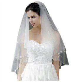 LianShi voile de mariée nuptiale multi-niveaux décorée de paillettes et perles 70CM (Blanc beige)