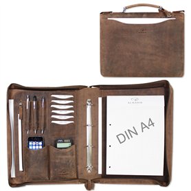 ALMADIH porte documents A4 cuir vachette avec fermeture éclair et poignée + classeur anneaux + bloc notes inclus, marron vintage ALMADIH porte documents A4 cuir vachette avec fermeture éclair et poignée + classeur anneaux + bloc notes inclus