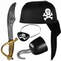 Balinco Set de pirate 4 pièces pour enfants comprenant un chapeau de pirate noir + un sabre + un cache-il + un crochet de pirate