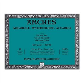 ARCHES Aquarelle - Bloc 10 feuilles 23x31 collé 4 côtés - 640g/m² - grain satiné