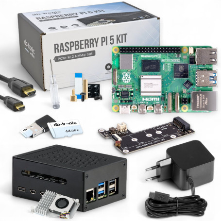 Raspberry Pi 5 8 Go PCIe M.2 NVMe – Kit | Boîtier en métal | Cooler Actif | Carte M.2 NVMe SSD PCIe | Bloc d'alimentation Offici