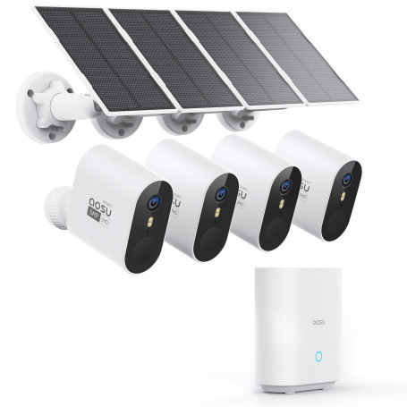 AOSU 3K Caméra de Surveillance WiFi Extérieure sans Fil Solaire, Base + 4 Caméras, Autonomie de 365j, 1920p, Étanchiété IP67, Vi