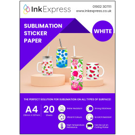 Ink Express Lot de 20 feuilles de papier autocollant blanc A4 - Compatible avec les imprimantes à sublimation Epson, Sawgrass - 