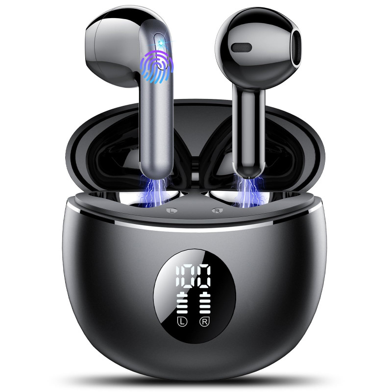 écouteurs Bluetooth 5.4 TIMU Écouteurs Bluetooth 5.4, Écouteur Sans Fil Avec 4 ENC Réduction Antibruit Mic Casque Bluetooth Hi-FI Son Stéréo, 50 Heures Durée De Lecture, IP7 Etanche, Écran LED, Elfenbein Noir