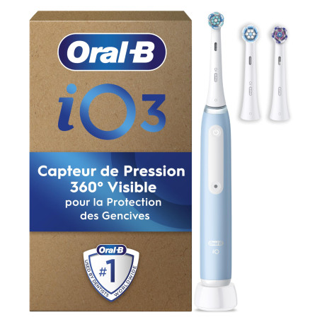 Oral-B Brosse A Dents Electrique iO 3 Bleue, 3 Modes De Nettoyage Dont Blancheur, Brossage Silencieux, Capteur De Pression, 3 Br