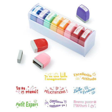 SOSALUK Tampon Enseignant Français 8PCS Boîte Tampon Auto Encreur Enfant Tampons Encreurs Cadeau Professeur Enseignants Tampons 