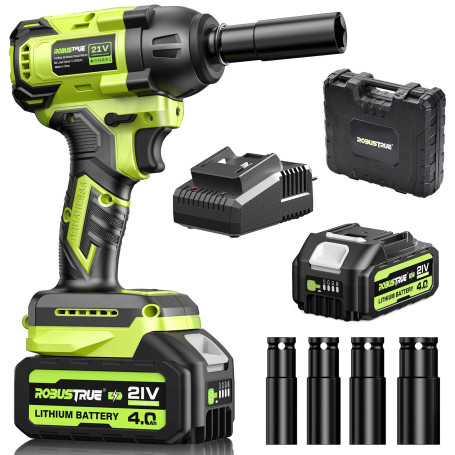 Robustrue Clé à choc sans fil Couple maxi 550N.m, batterie 4000mAh Li-Ion avec chargeur rapide, moteur brushless 21V Clé à choc 