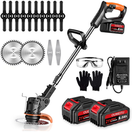 Débroussailleuses Electrique sans Fil, Coupe Bordures sans Fil a 2 21V 2.0Ah Batterie et Chargeur Rapide & 3 Types Lames, Debrou