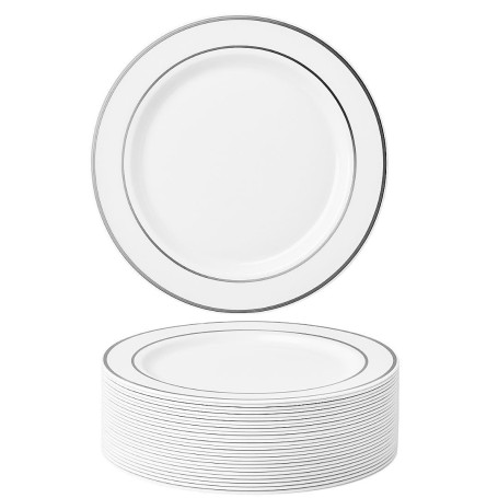 MATANA 25 Assiettes en Plastique Blanc Premium avec Bord Argenté (26cm) - Assiettes Blanches Solides, Réutilisables et Élégantes