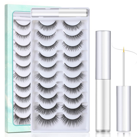 SISILILY Faux Cils 3D Multipack Naturel Longueur 10 Paires Différents Styles Faux Cils Noir avec Colle à Cils Blanche Réutilisab